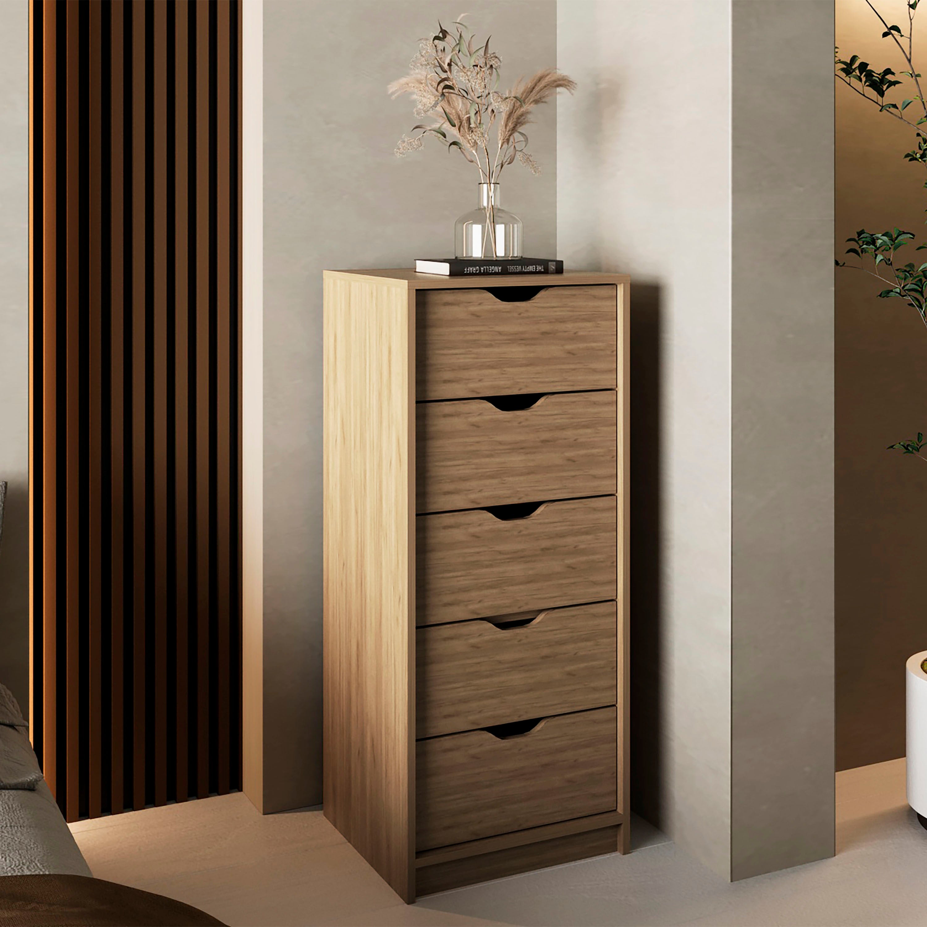 Basilea Tall Narrow 5-Drawer Dresser - Natural Oak