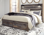 Panel bed with slatted headboard and dark wood frame, white and patterned bedding set