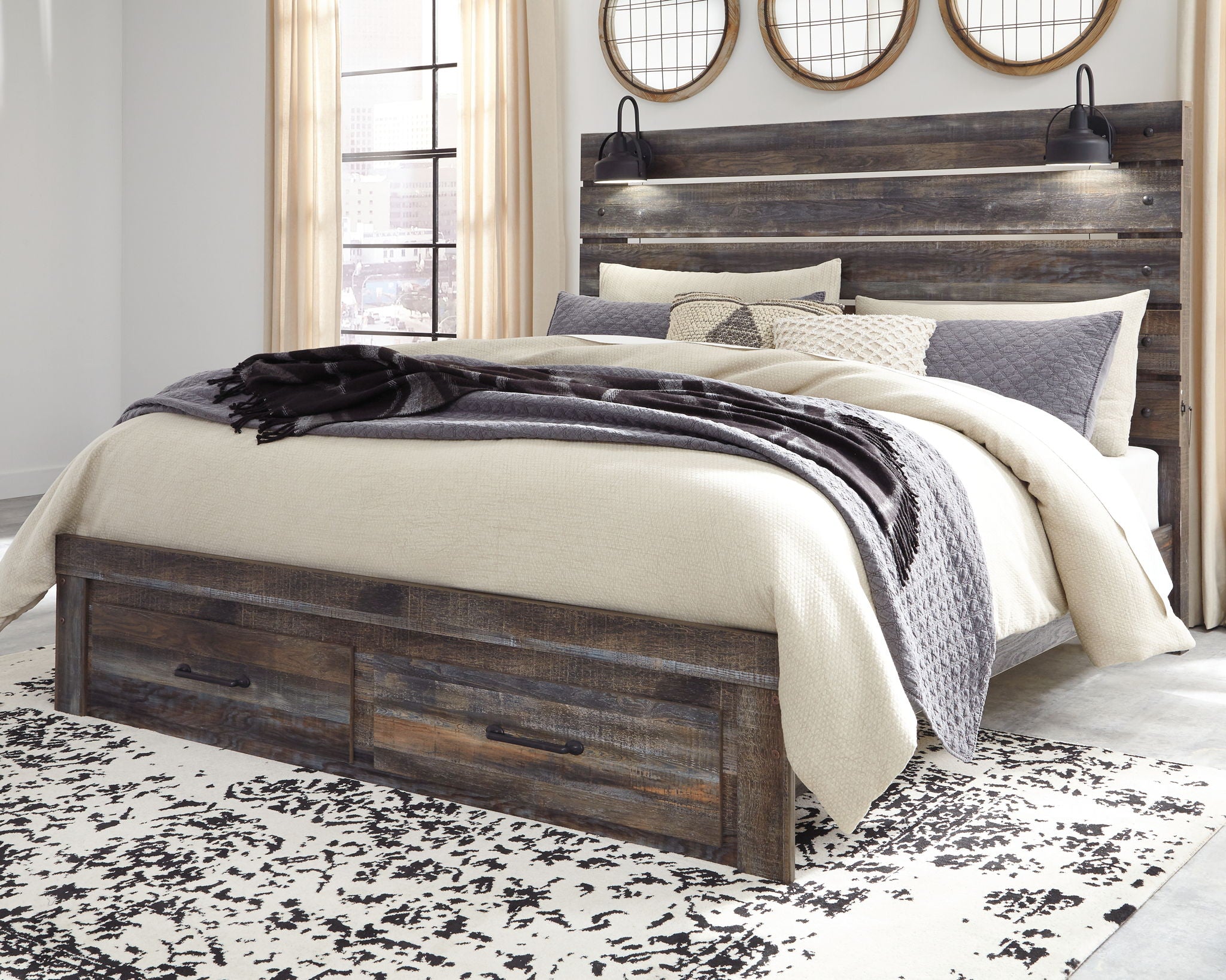 Panel bed with slatted headboard and dark wood frame, white and patterned bedding set