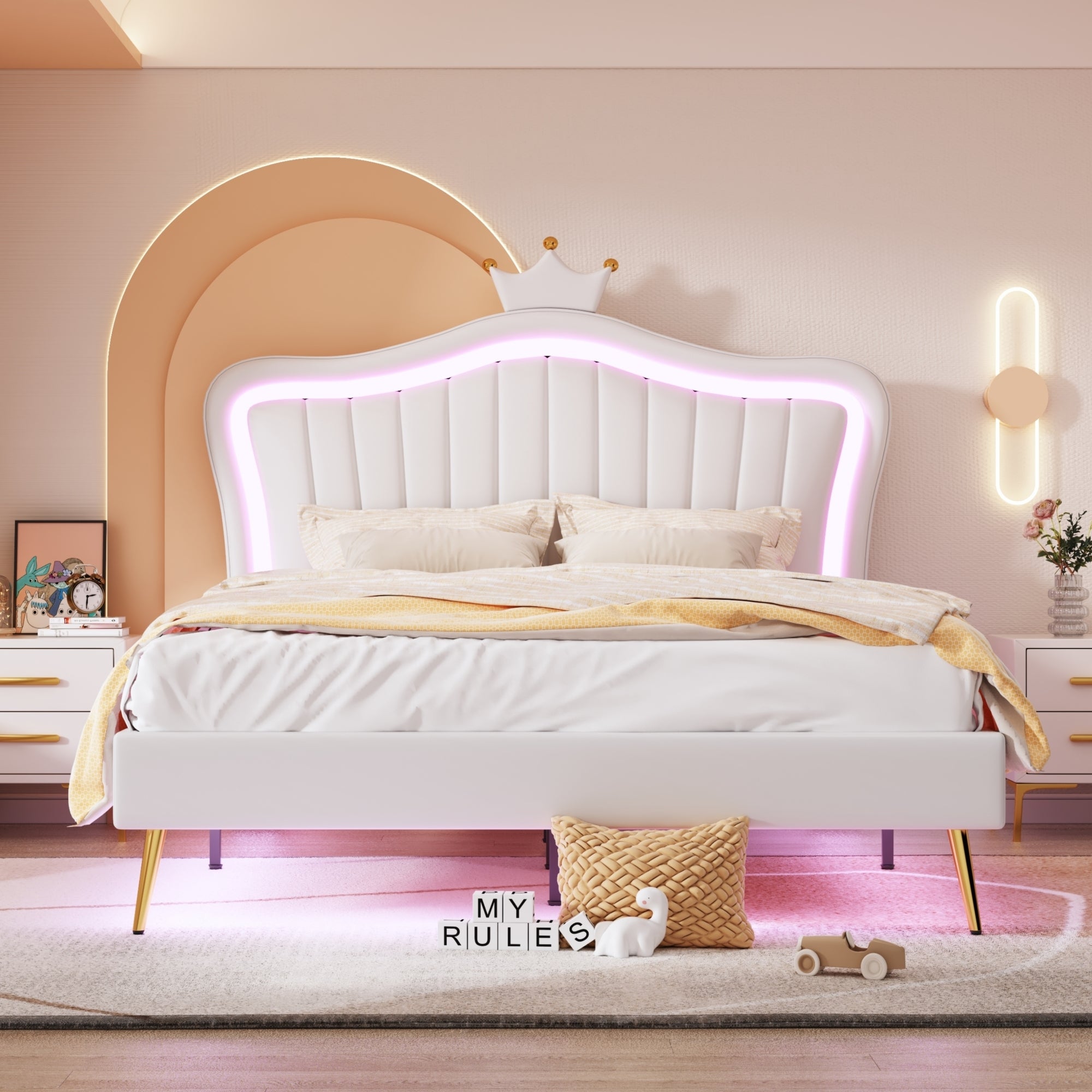 White Queen Upholstered Bed Frame with LED & Crown Headboard