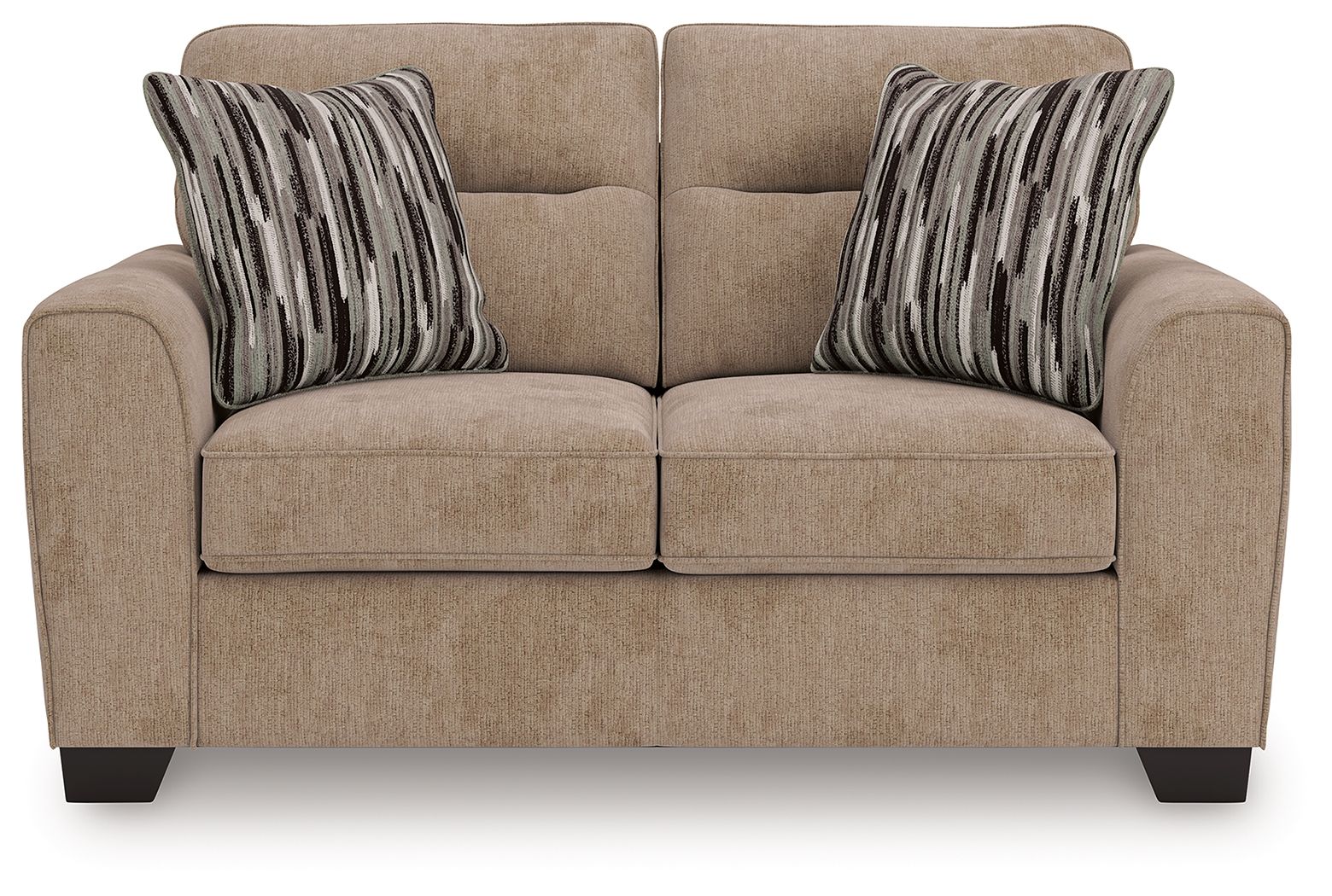 Light brown upholstered loveseat with two seat cushions and striped throw pillows