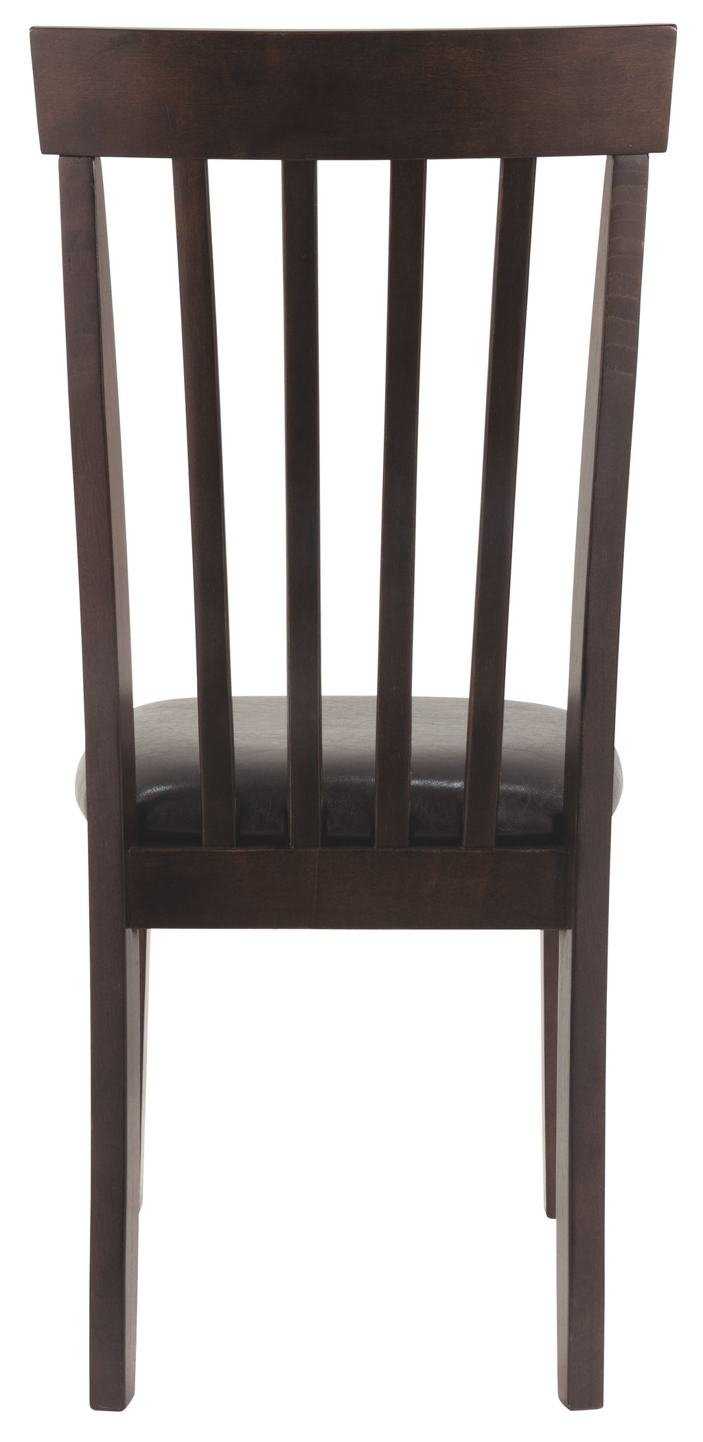 Dark brown dining side chair with tall vertical slat back and padded seat