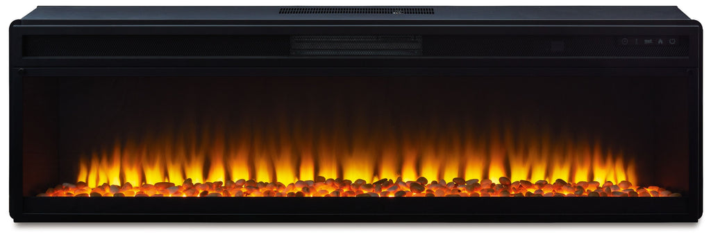 Black wide fireplace insert, low front profile with bright flame bed