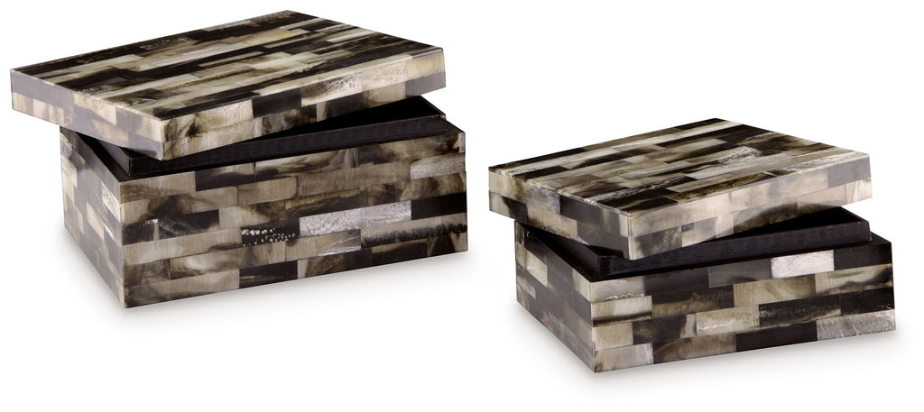 Set of 2 wood block storage boxes, striped black, brown, cream, hinged lids