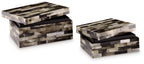 Set of 2 wood block storage boxes, striped black, brown, cream, hinged lids