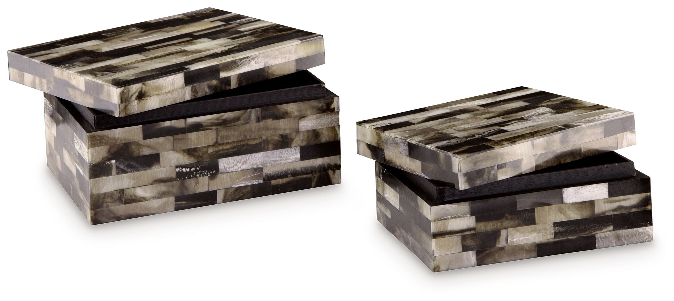 Set of 2 wood block storage boxes, striped black, brown, cream, hinged lids
