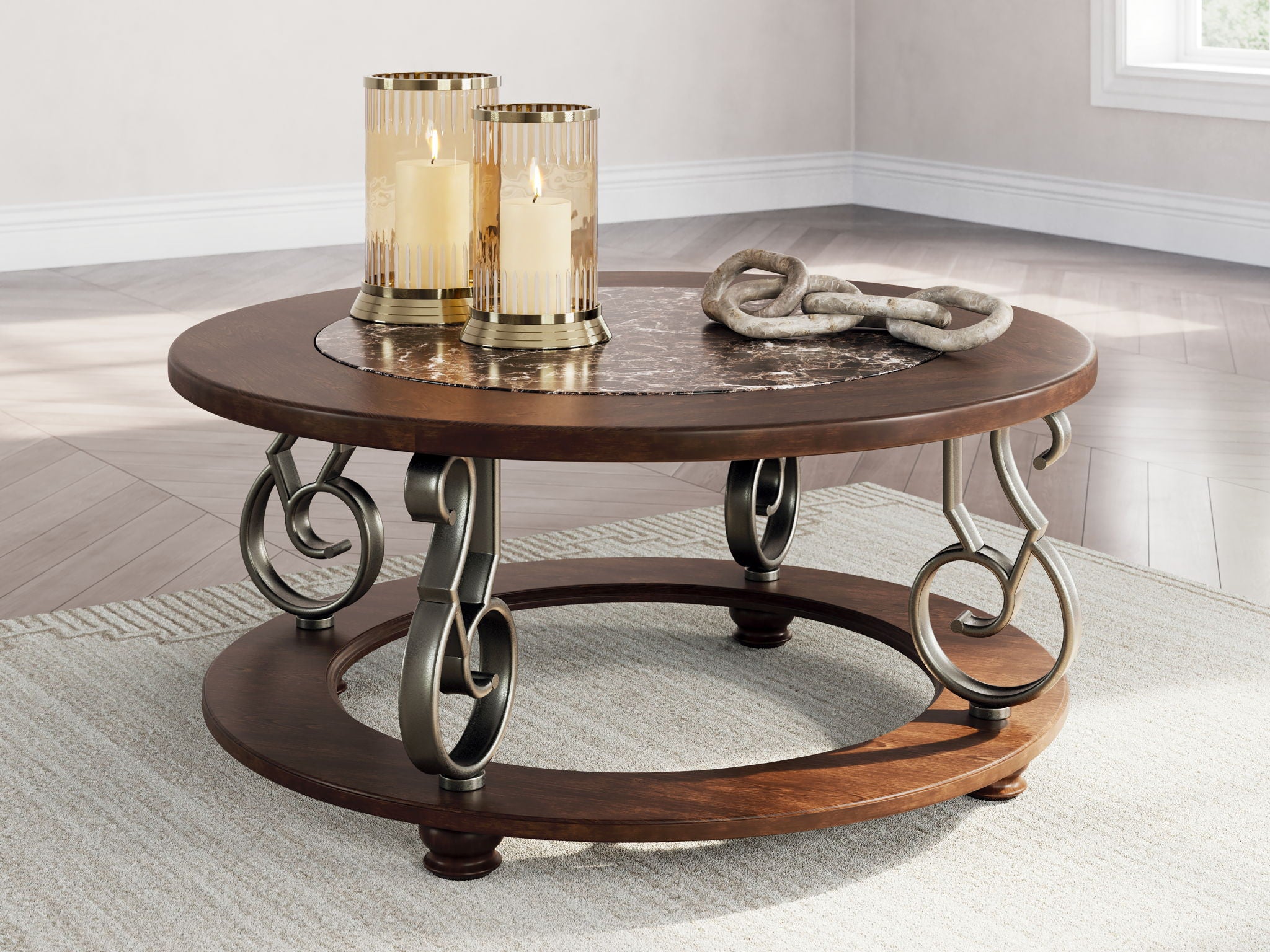 Dark brown round cocktail table with marble top and lower shelf, wrought-iron scroll base