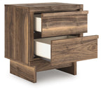 Brown two-drawer night stand with top drawer partly open showing interior