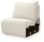 Light beige armless power recliner chair side view with exposed power base