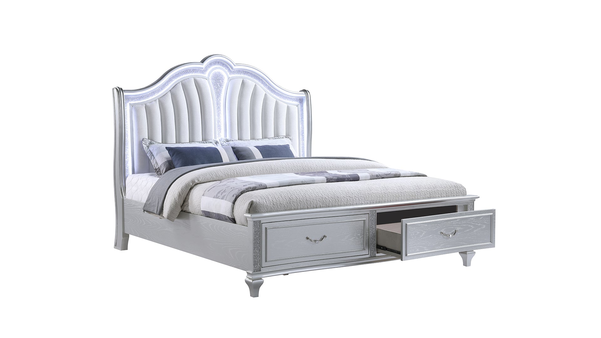 Mystic LED Upholstered King Bed - Contemporary Wood Frame, Silver