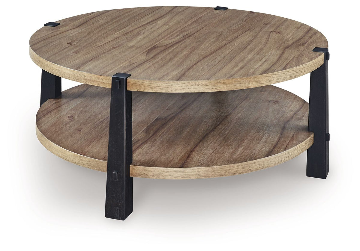 Round two-tier table with light brown wood top, curved lower shelf, dark legs.