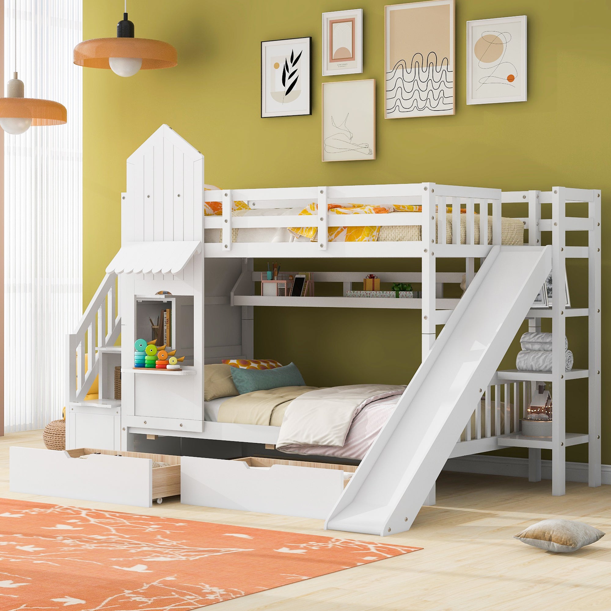 Castle Twin Bunk Bed with Slide & Storage Drawers, Shelves - White