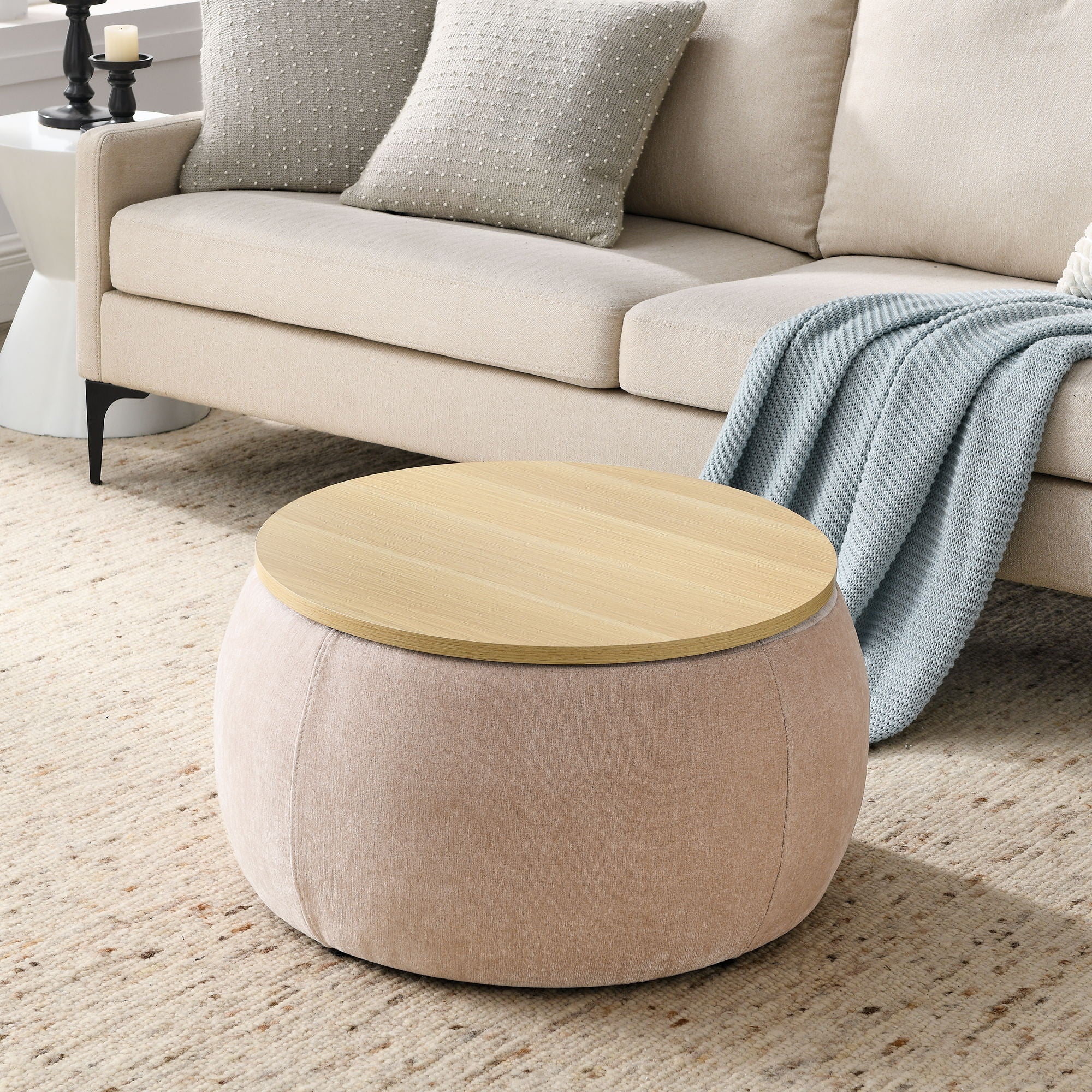 Round Storage Ottoman, 2 In 1 Function, Work As End Table And Ottoman, Pink