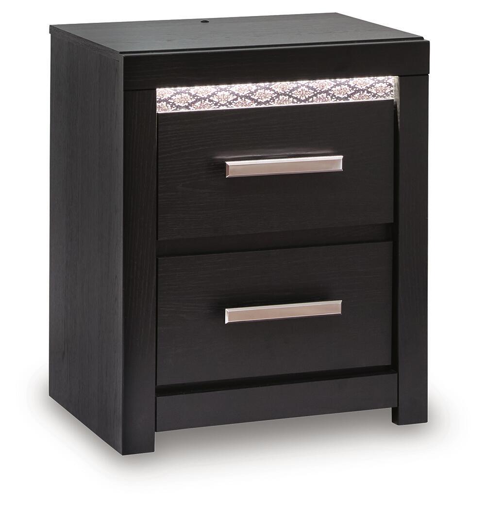 Black two-drawer nightstand with chrome bar pulls and open top compartment