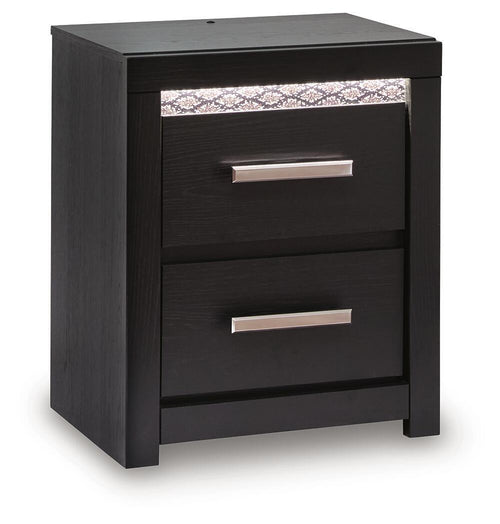 Black two-drawer nightstand with chrome bar pulls and open top compartment