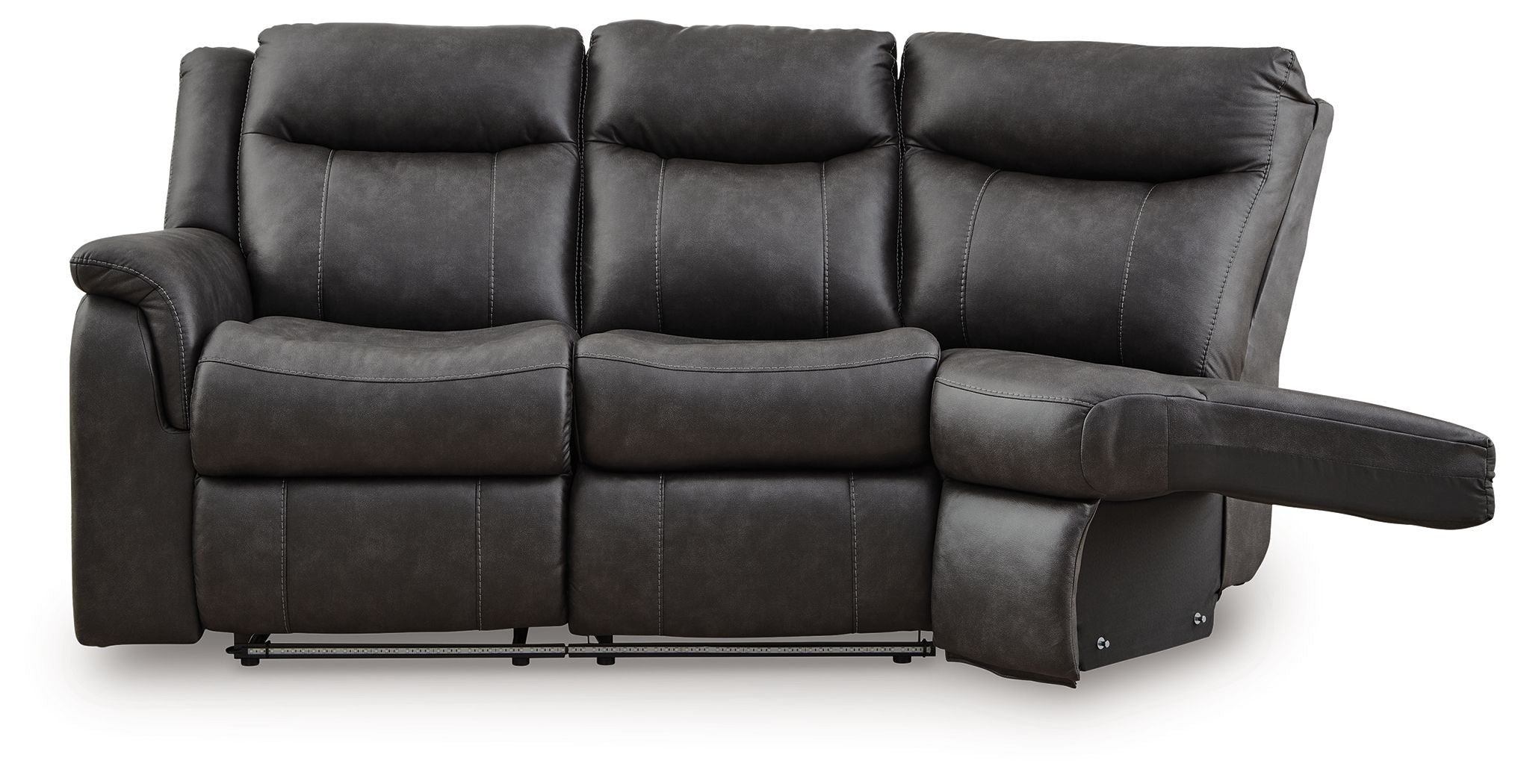Dark gray reclining loveseat with three seat back panels and padded armrests