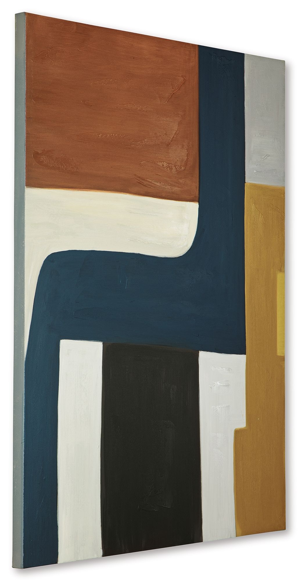 Abstract wall art with navy arch, rust square, gold strip, and dark block