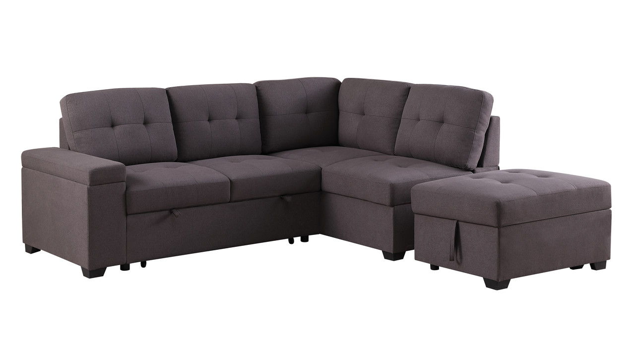 Katie - Linen Sleeper Sectional Sofa With Storage Ottoman, Storage Arm - Brown