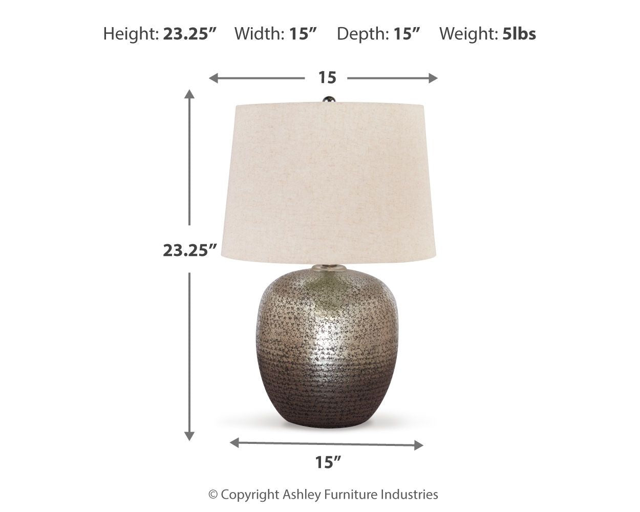 Metal table lamp diagram with beige drum shade and antique silver base dimensions