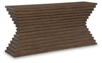 Warm brown sofa table with stacked slat panels and wide flat top