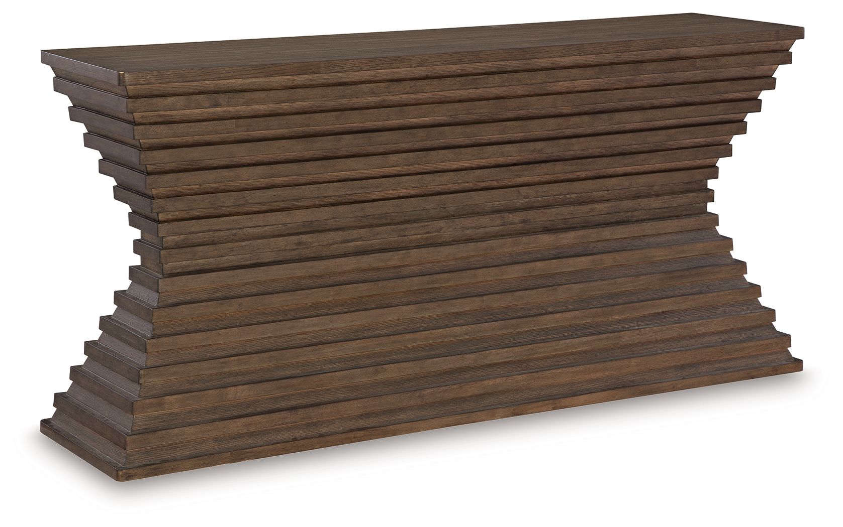 Warm brown sofa table with stacked slat panels and wide flat top