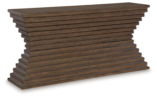 Warm brown sofa table with stacked slat panels and wide flat top
