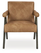 Tan accent chair with padded seat, back, round arm details, and dark legs