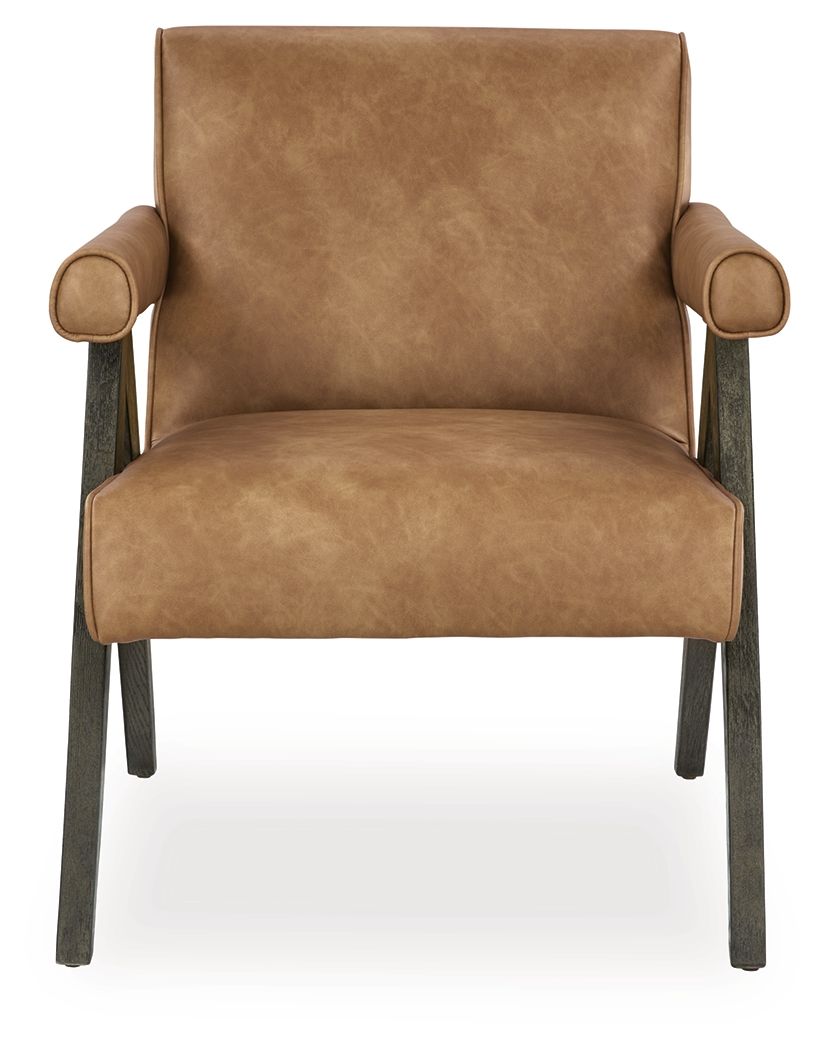 Tan accent chair with padded seat, back, round arm details, and dark legs