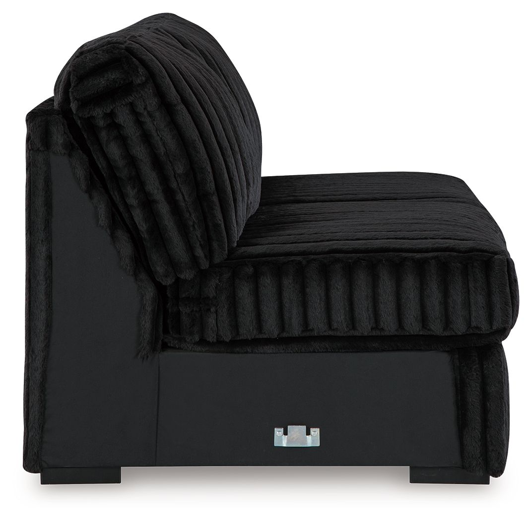 Onyx armless loveseat with rounded back, tufted seat, and black fabric