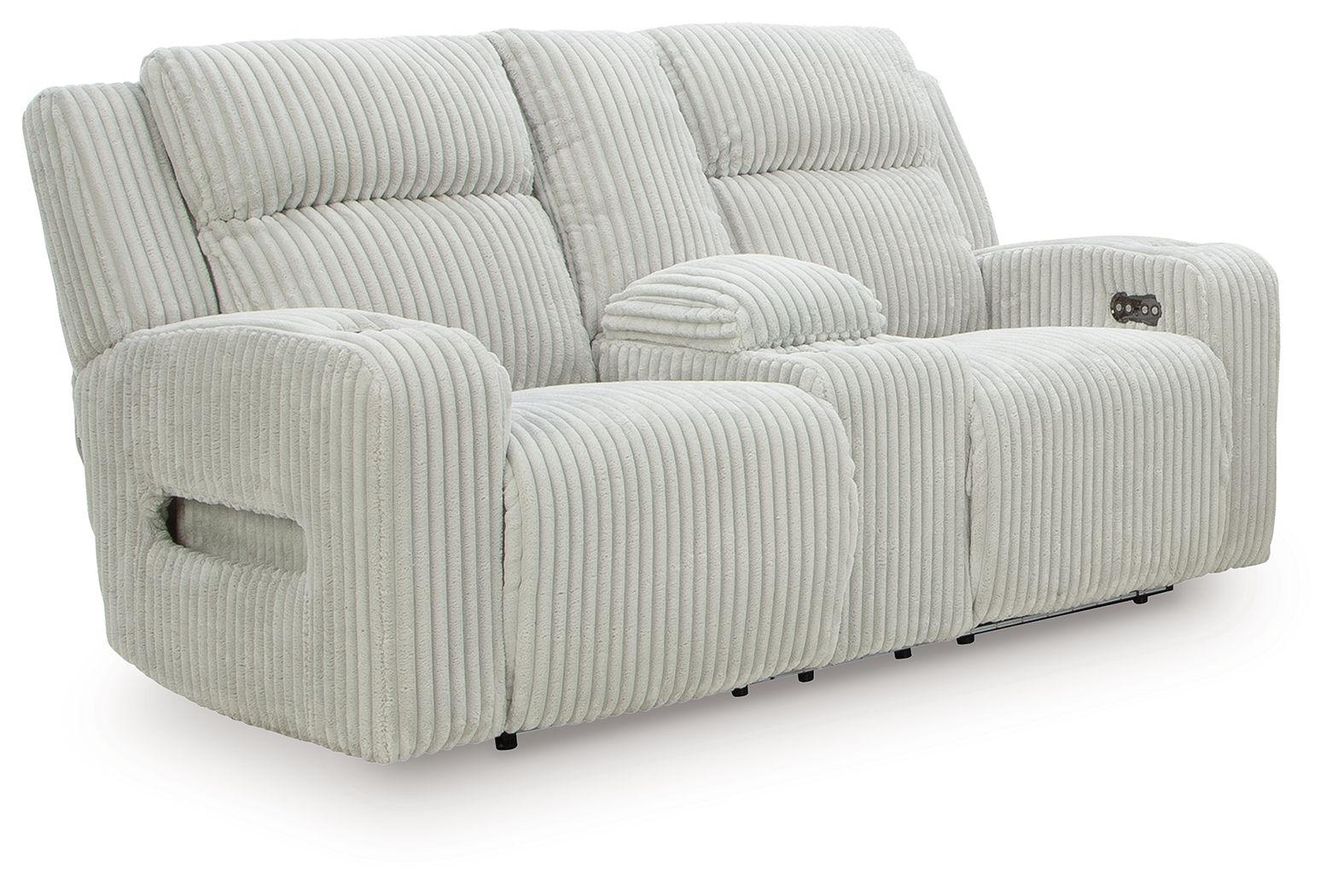 Power reclining loveseat with console armrests and adjustable headrests, light gray ribbed fabric