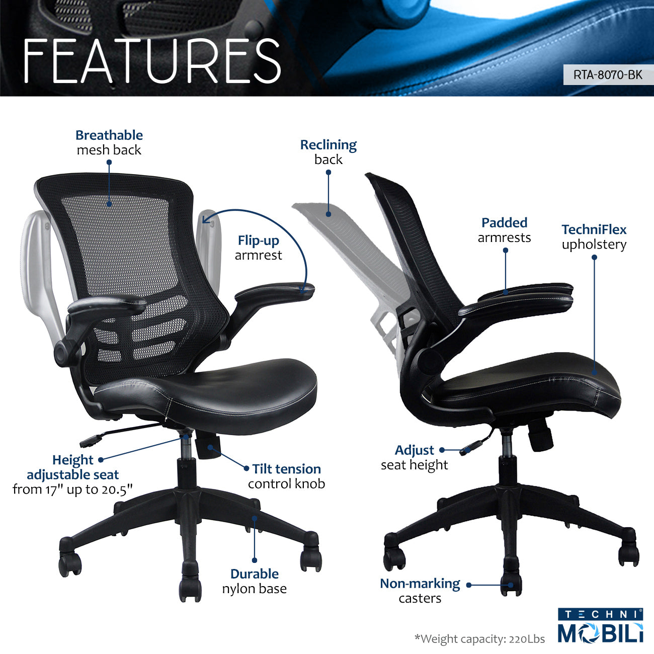 Mid-Back Mesh Office Chair w/ Arms - Black