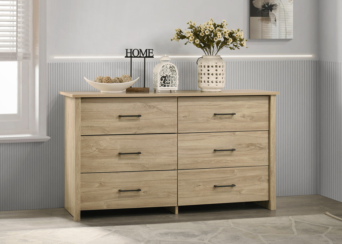 Celeste 57" Light Oak 6-Drawer Dresser with Black Handles