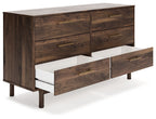 Mocha wood drawer cabinet with brass handles and open drawer, front three-quarter view