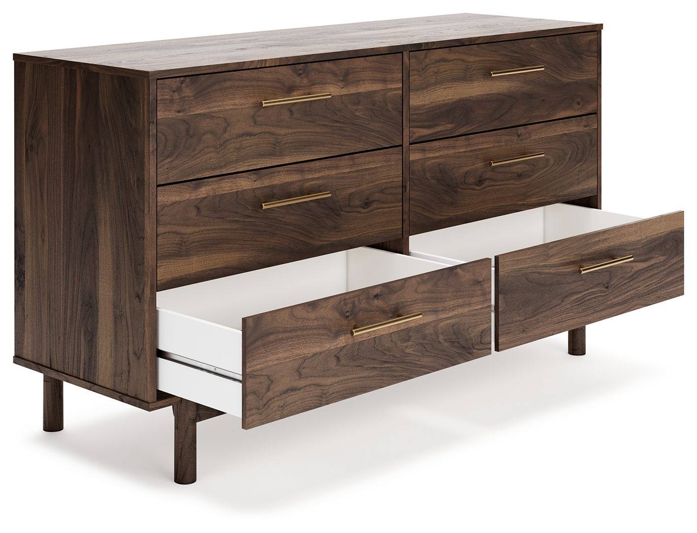 Mocha wood drawer cabinet with brass handles and open drawer, front three-quarter view