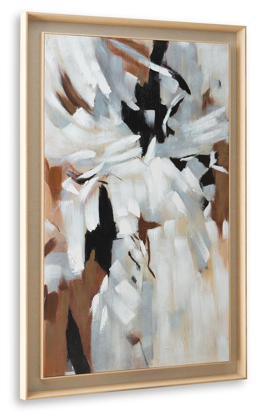 Framed abstract wall art with white brush strokes and black blocks over blue and tan