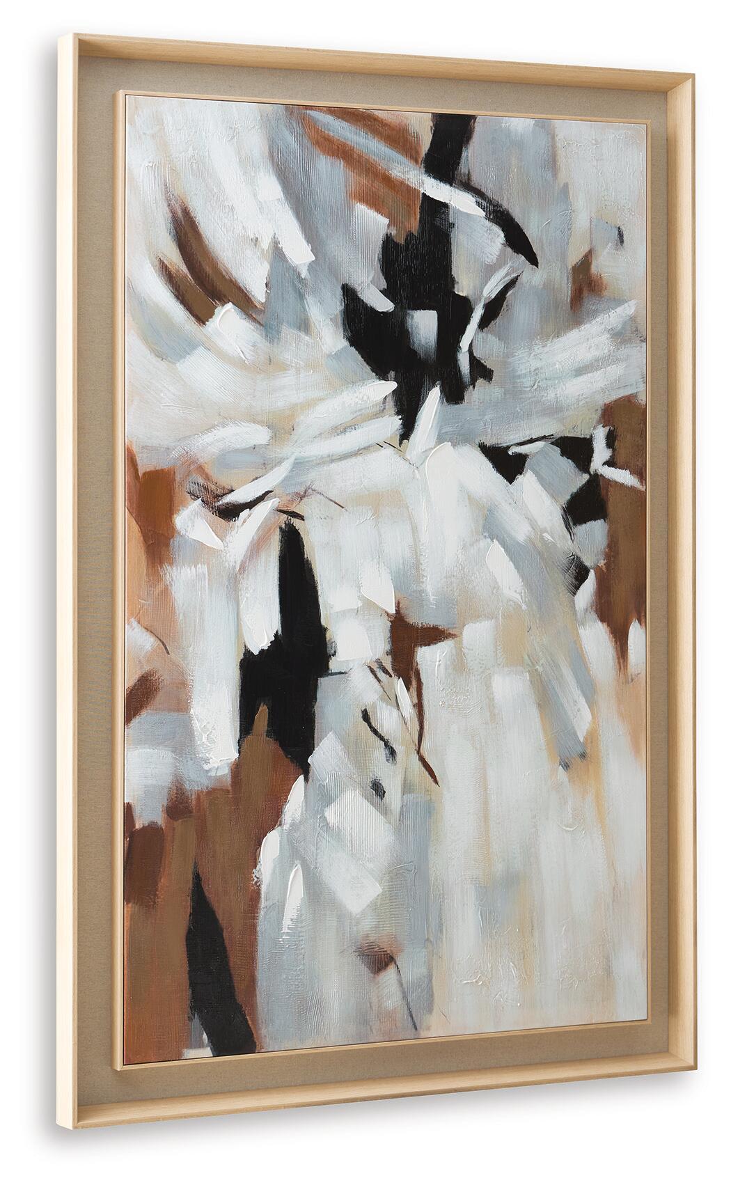 Framed abstract wall art with white brush strokes and black blocks over blue and tan