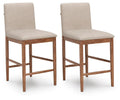 Set of 2 upholstered barstools, light beige fabric seats, wooden legs and footrest