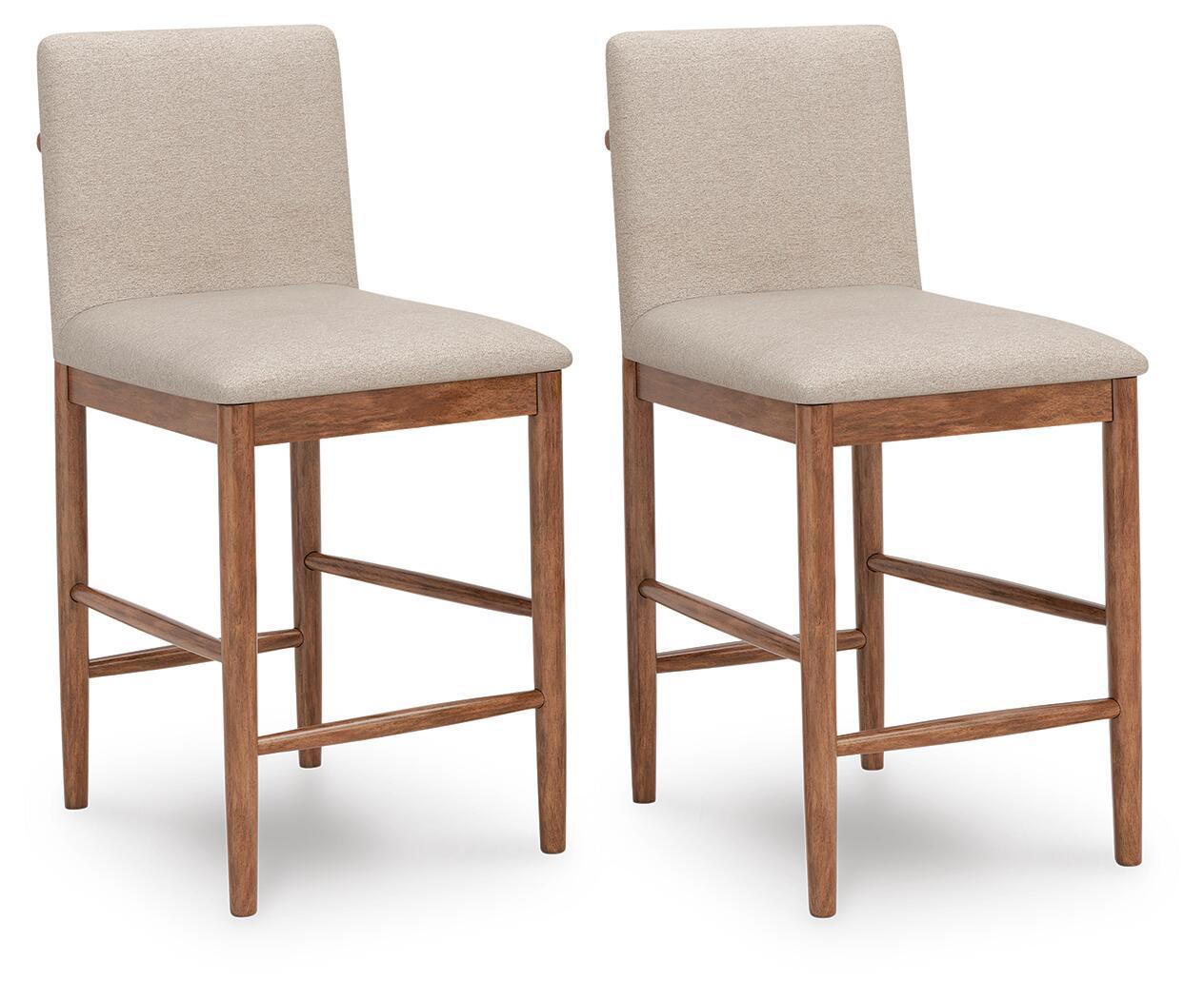 Set of 2 upholstered barstools, light beige fabric seats, wooden legs and footrest