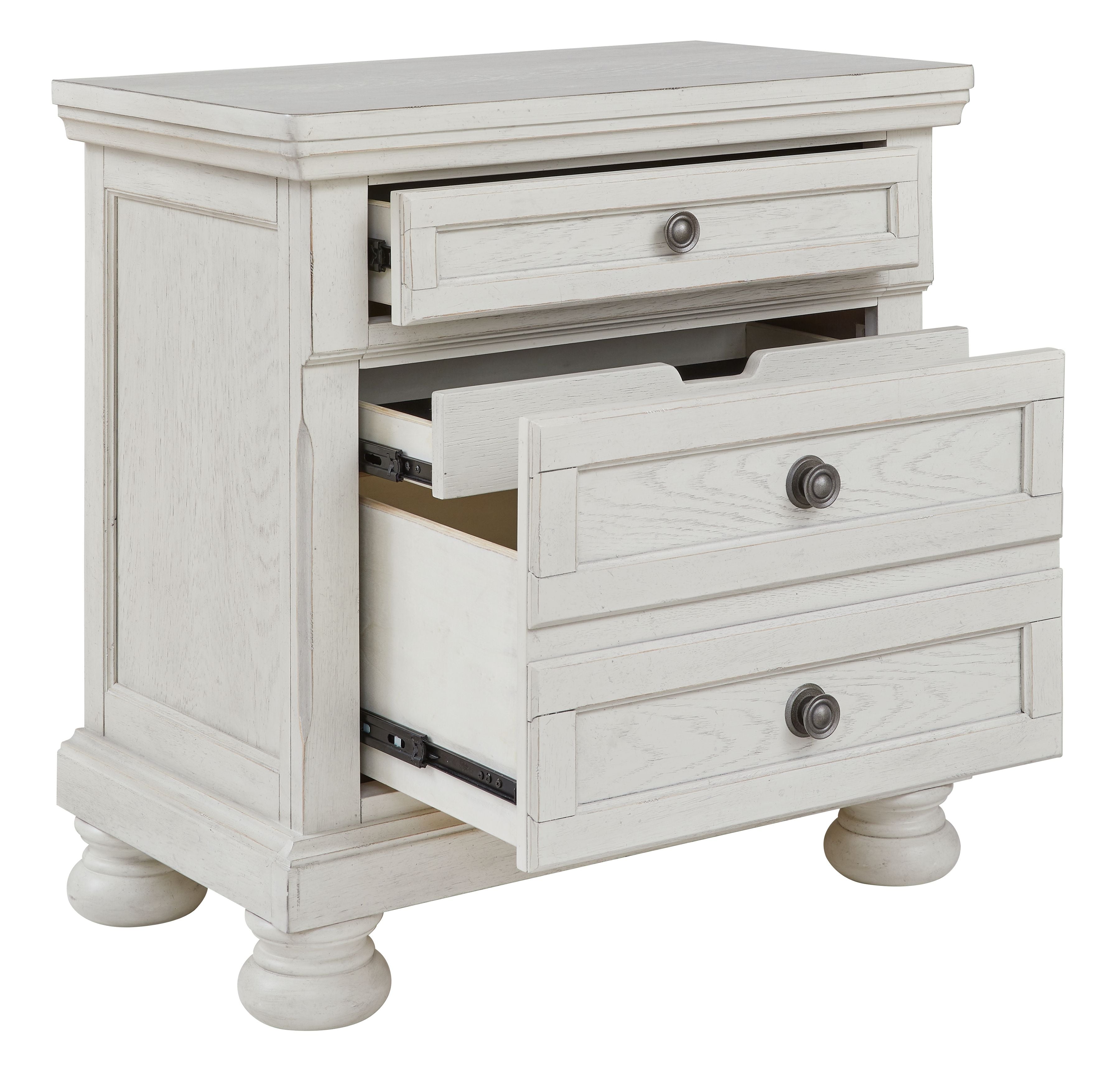 Antique white nightstand with open drawer showing interior and two drawer pulls