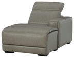 Gray reclining back power chaise chair with padded arms and contrast stitching