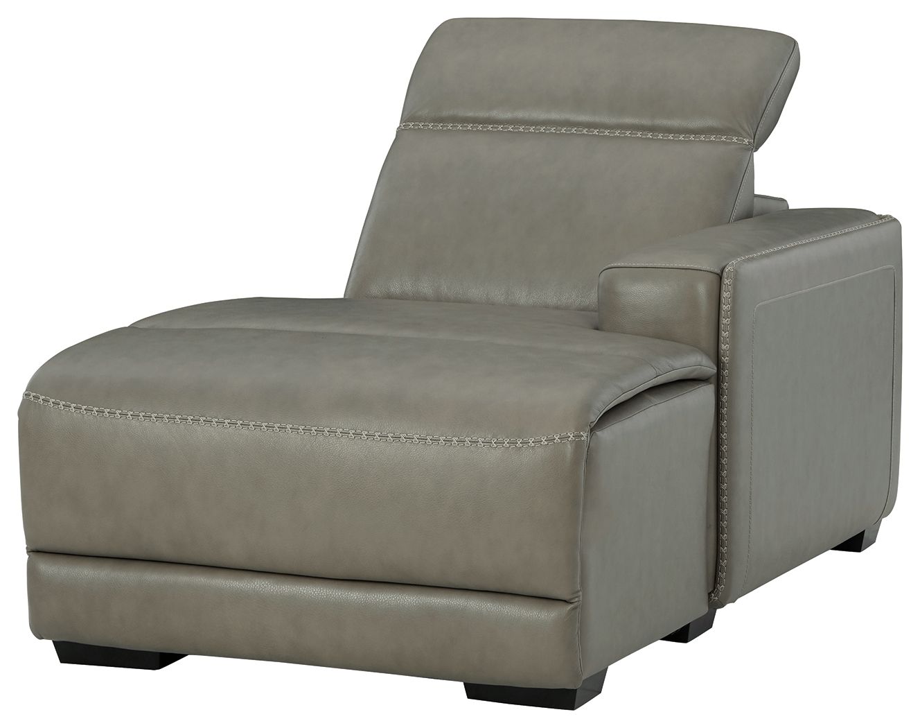 Gray reclining back power chaise chair with padded arms and contrast stitching