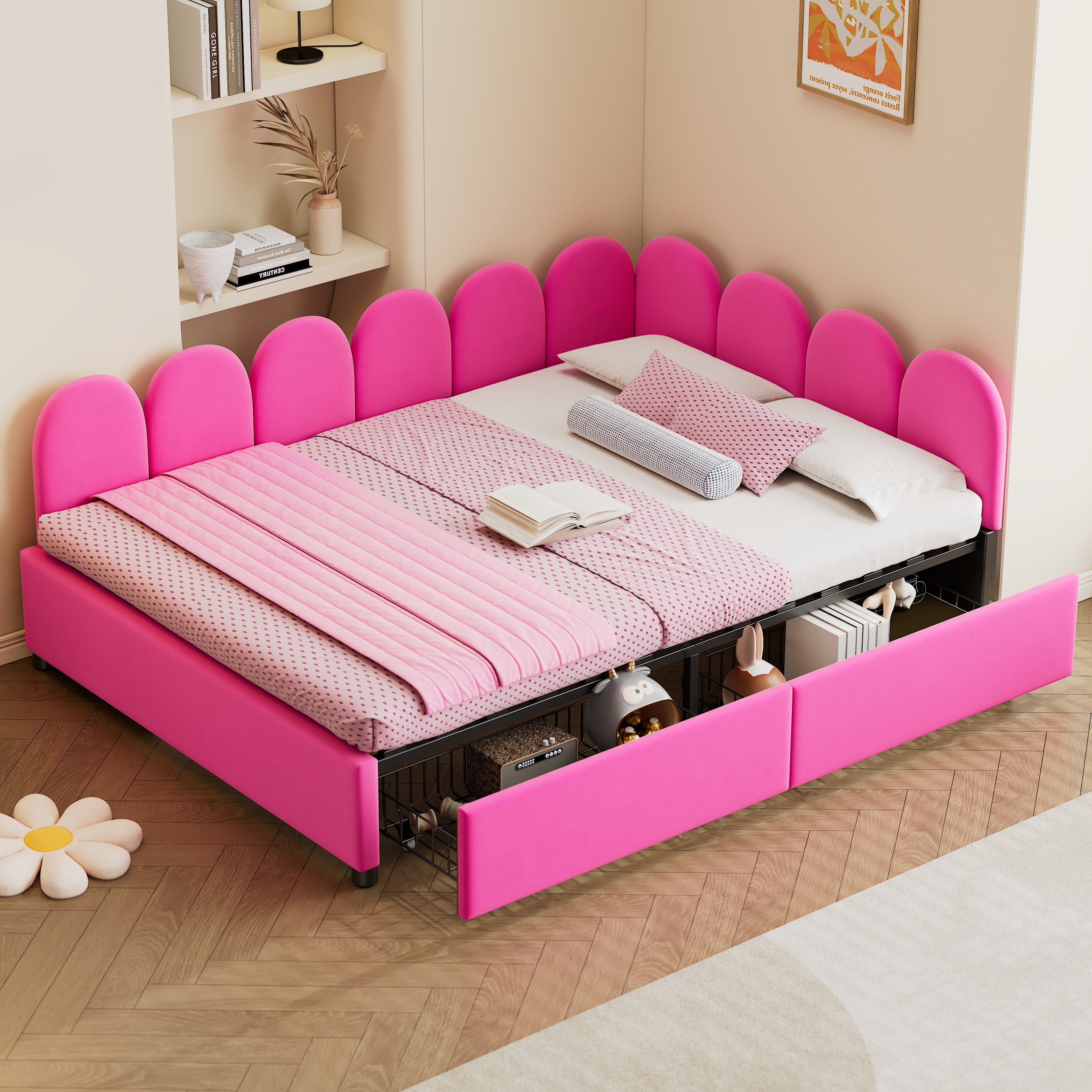 Full Size Velvet Daybed Sofabed with 2 Drawers, Rose Red