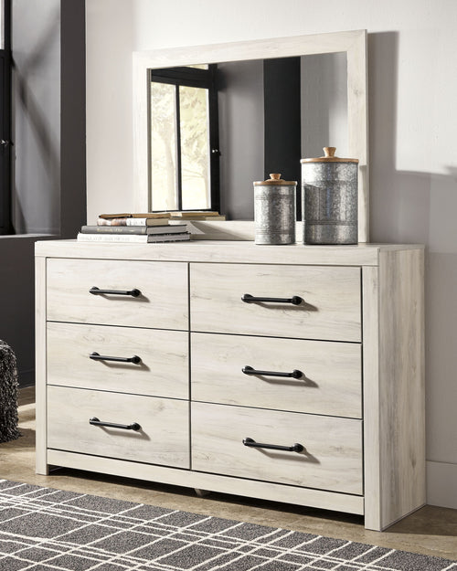 Cambeck whitewash dresser with mirror and six drawers, black bar handles