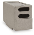 Upholstered console with audio system in flint gray, with two black speaker grilles