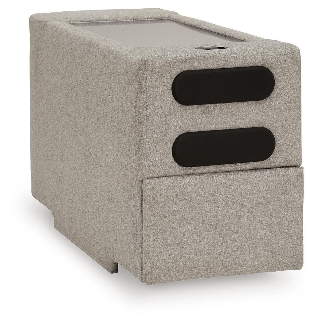 Upholstered console with audio system in flint gray, with two black speaker grilles
