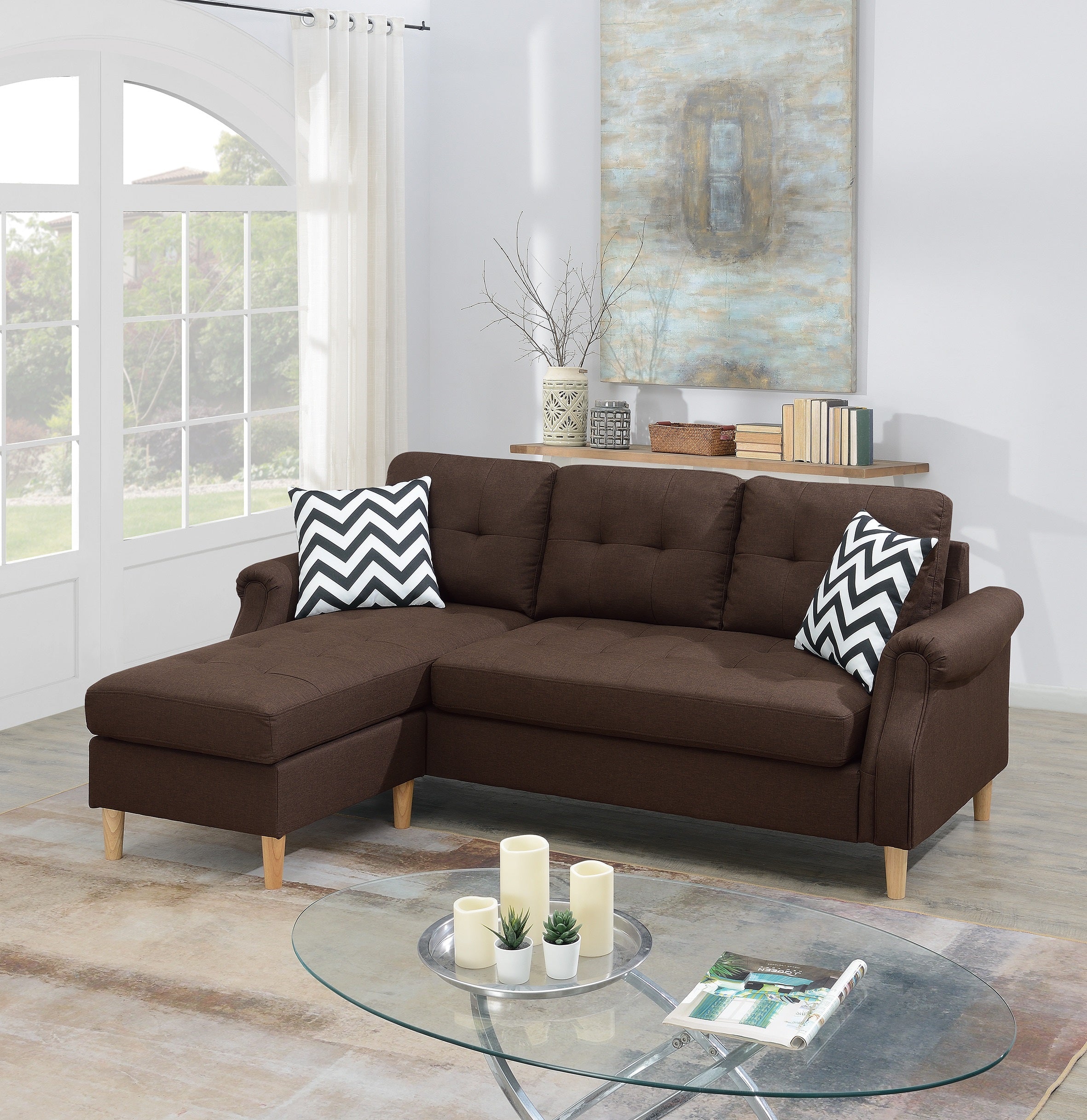 Dark Coffee Polyfiber Reversible Sectional Sofa Chaise