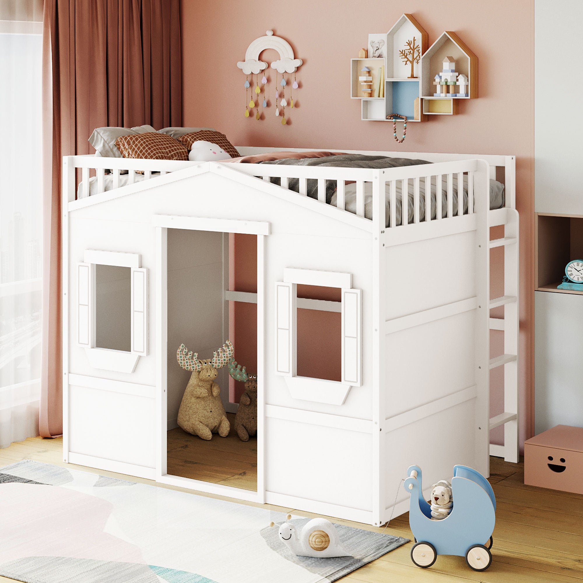 White Full Size House Loft Bed with Ladder