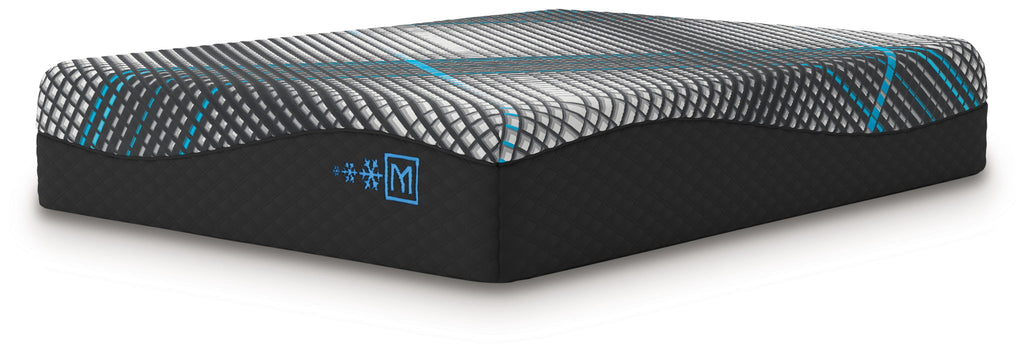14-inch foam mattress with black base and grey top, teal grid detailing