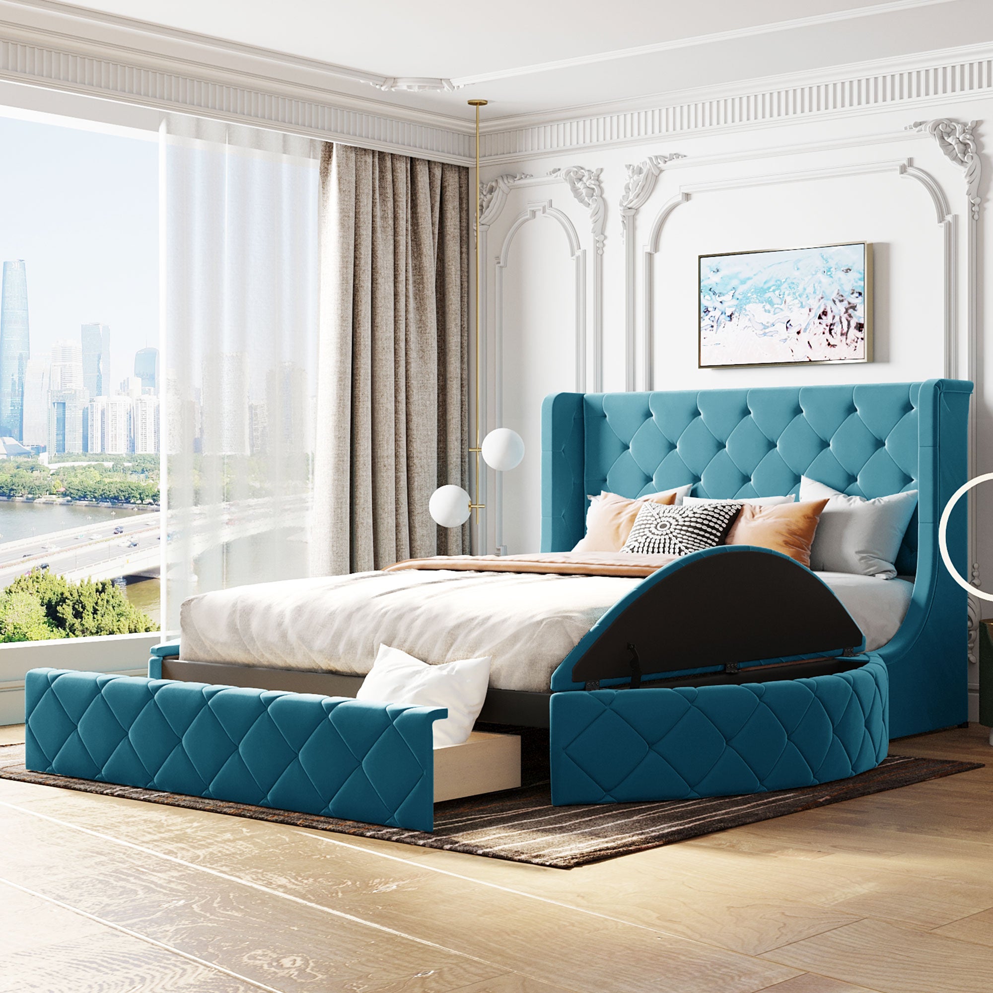Blue Velvet Queen Upholstered Wingback Storage Platform Bed