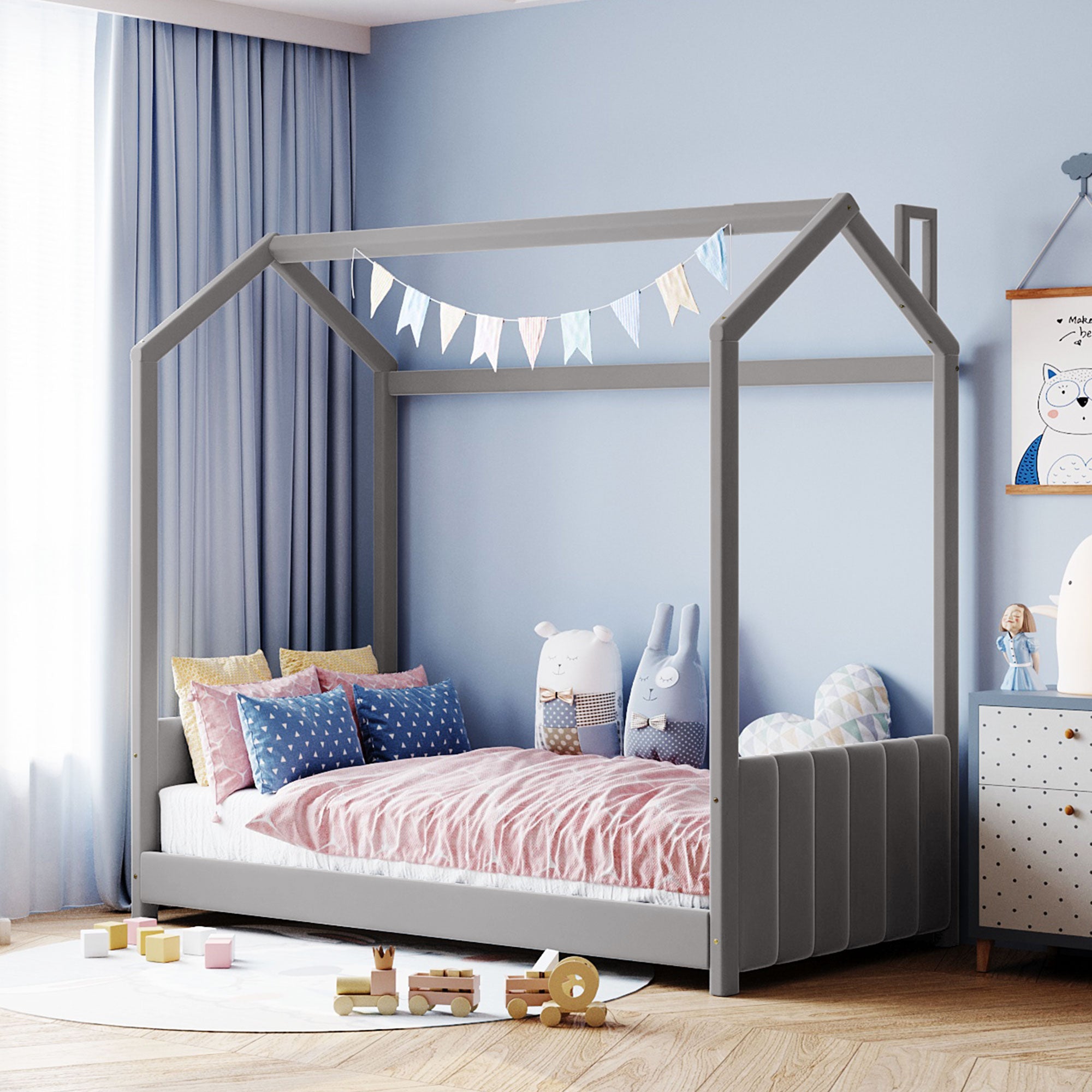 Twin Size Gray Velvet House Wood Bed Frame